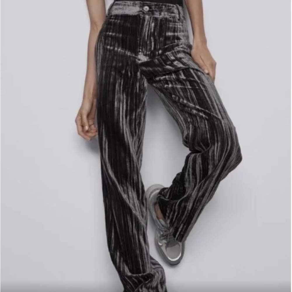 ZARA WIDE LEGGED CRUSHED VELVET TROUSER.